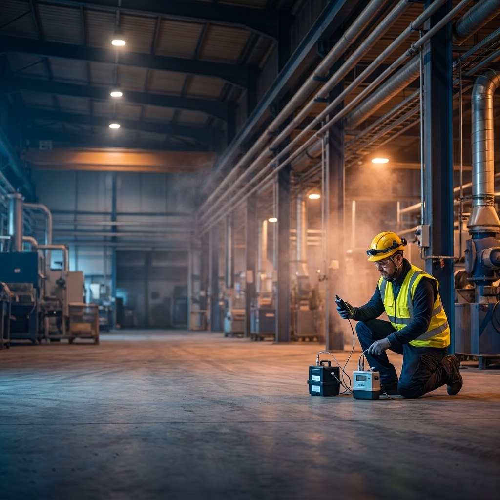 Equipo profesional de monitoreo ocupacional de HSE Rent realizando mediciones en campo
